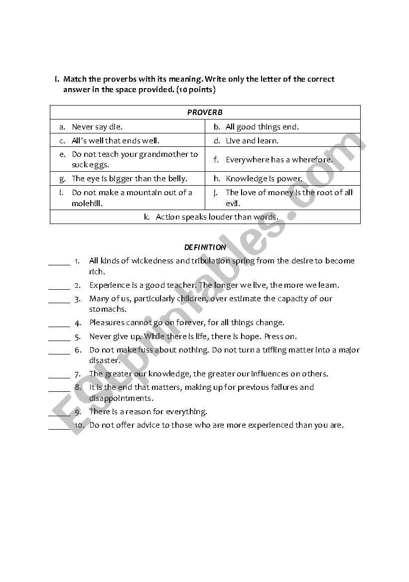Proverbs worksheet