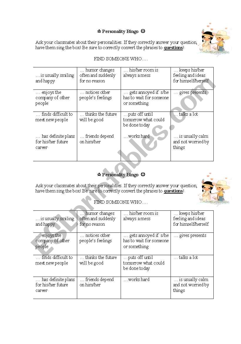 Personality Bingo worksheet
