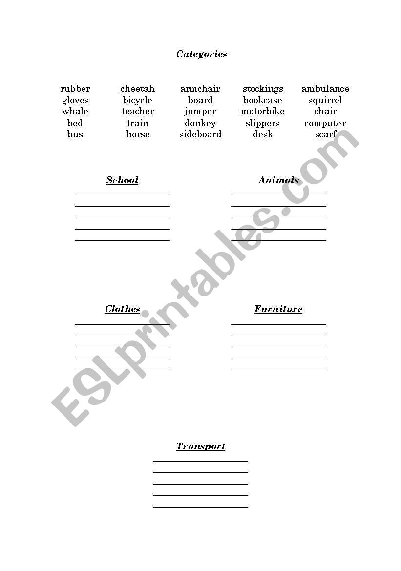 Categories worksheet