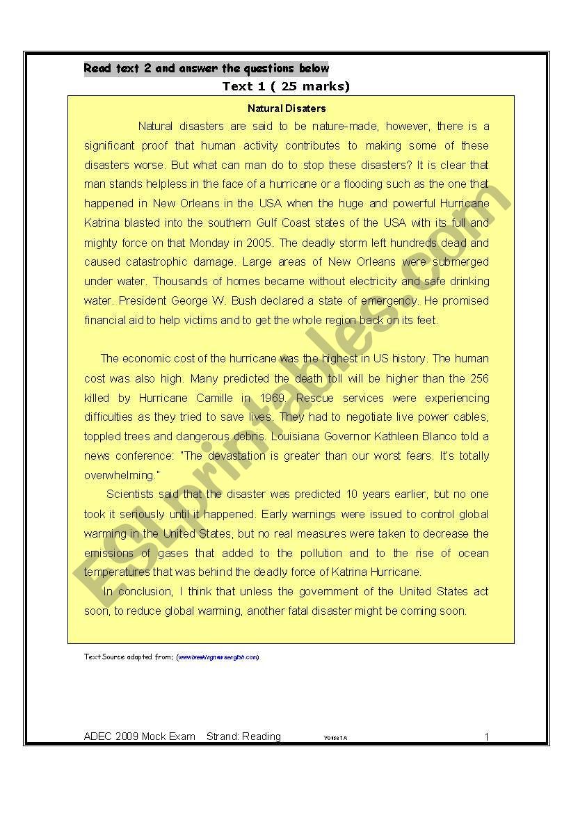 A complete Reading comprehension test (two reading comprehension texts about the environment) ADEC STANDARDS m Critera included.