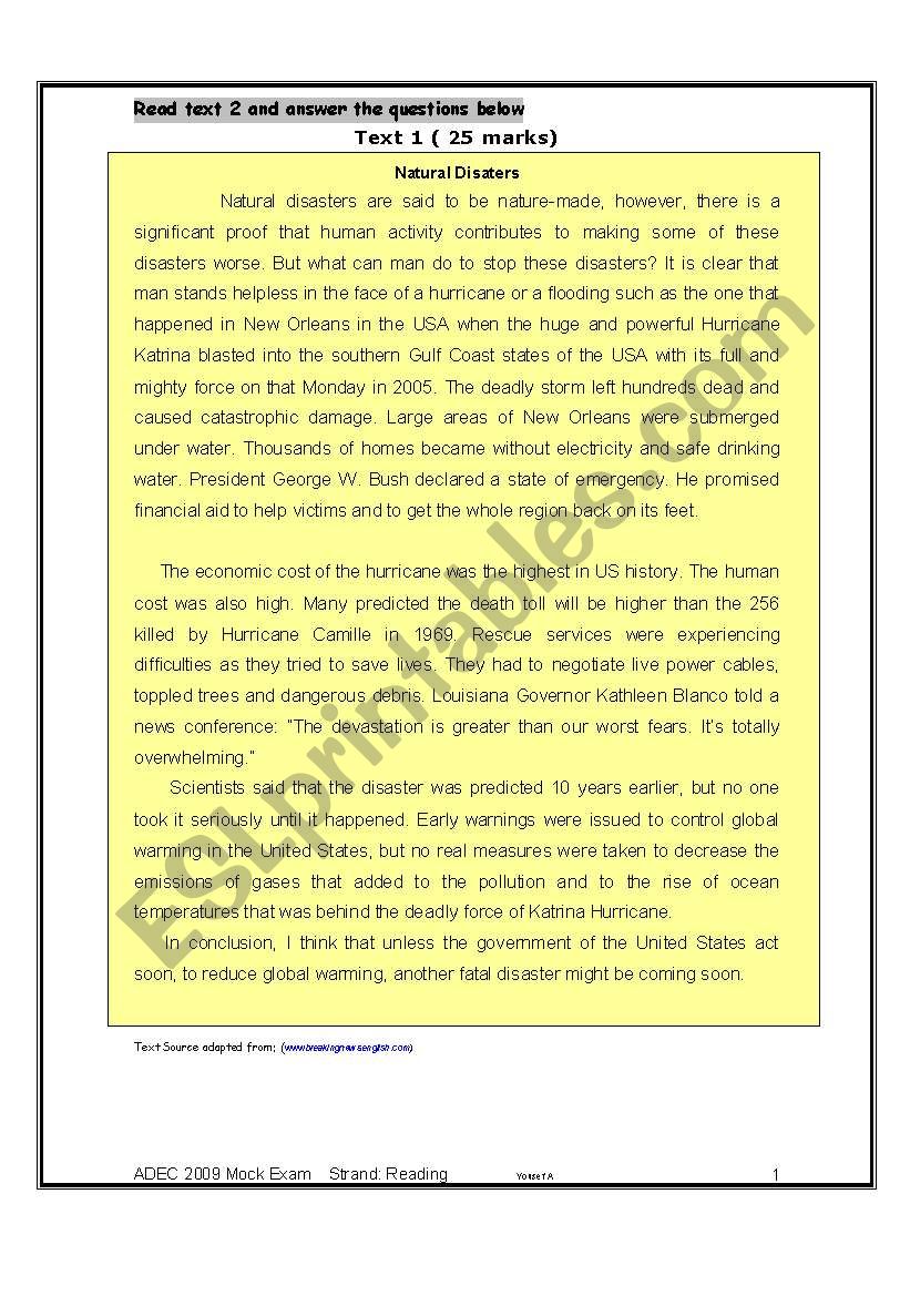 A complete Reading comprehension test (two reading comprehension texts about the environment) ADEC STANDARDS m Critera included.