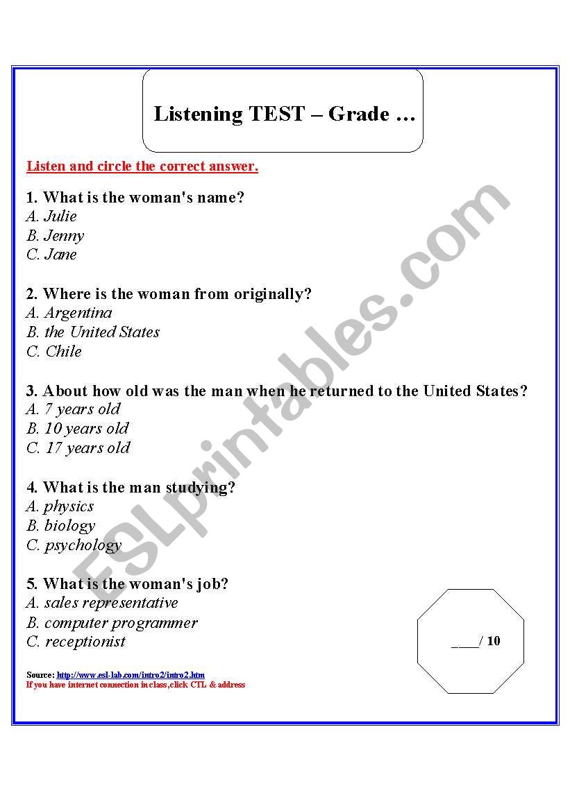 Listening test. worksheet