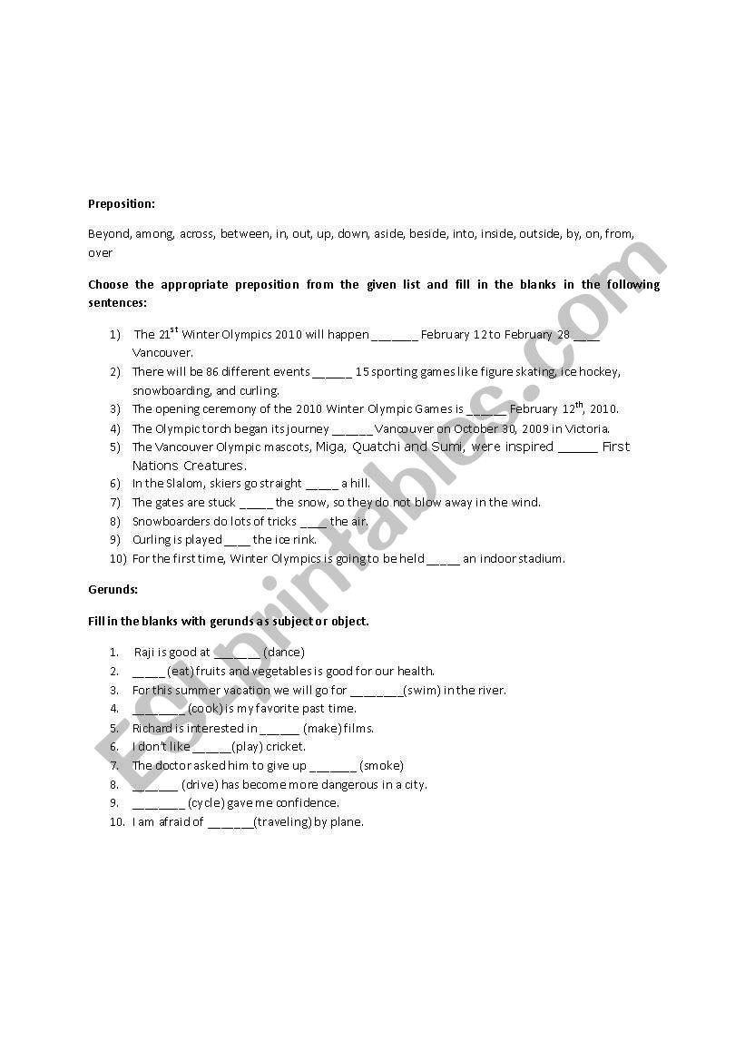 Prepositions worksheet