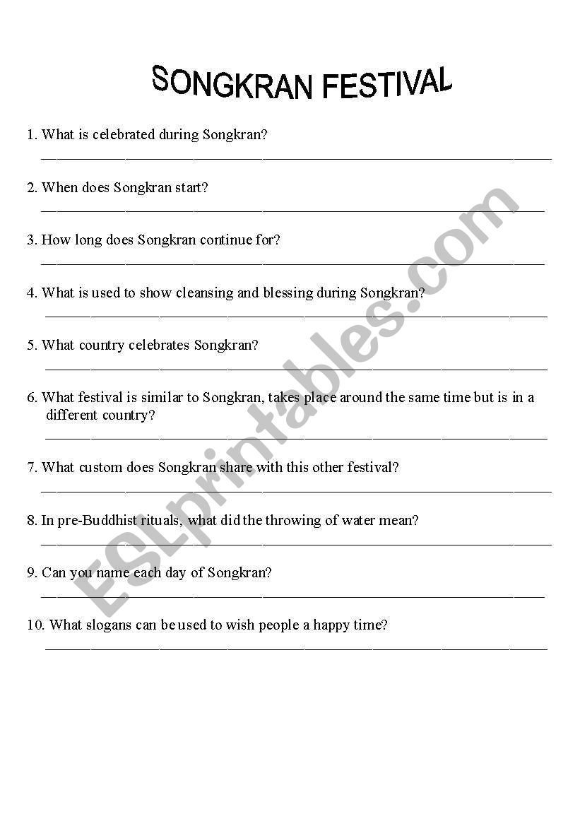 SONGKRAN questions worksheet