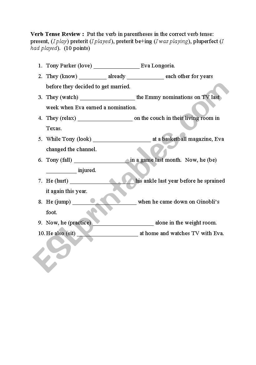 Verb Tense Exercise: preterit, preterit be+ing and pluperfect
