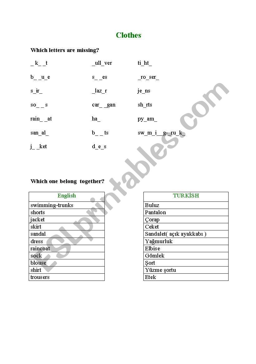 clothes worksheet