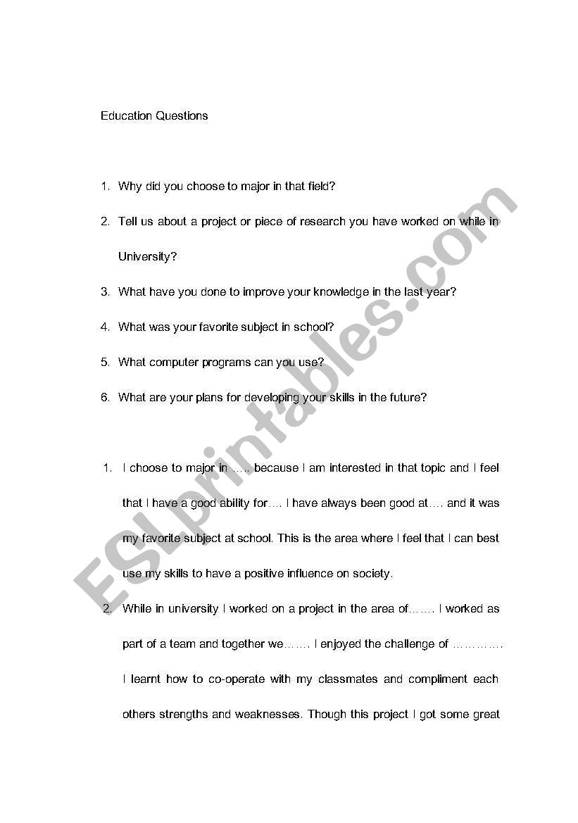 Education Interview questions worksheet