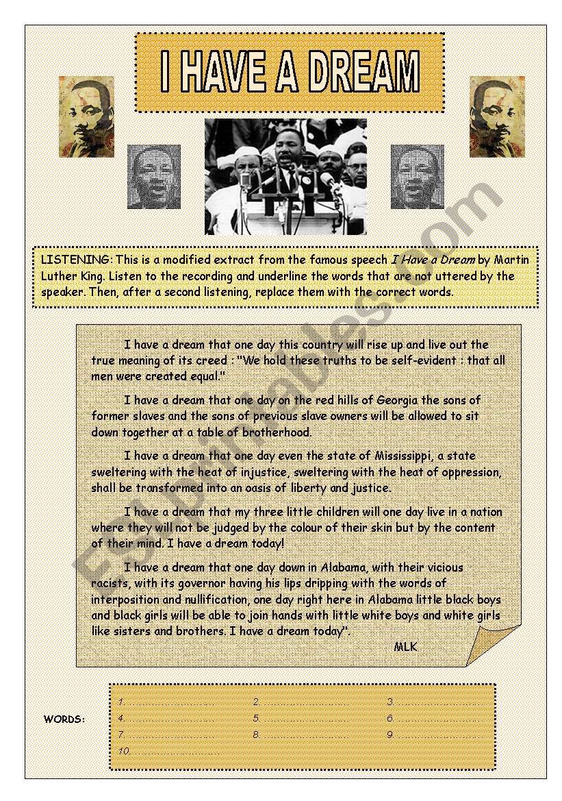 I have a dream Listening activity ESL worksheet by Magalie B.