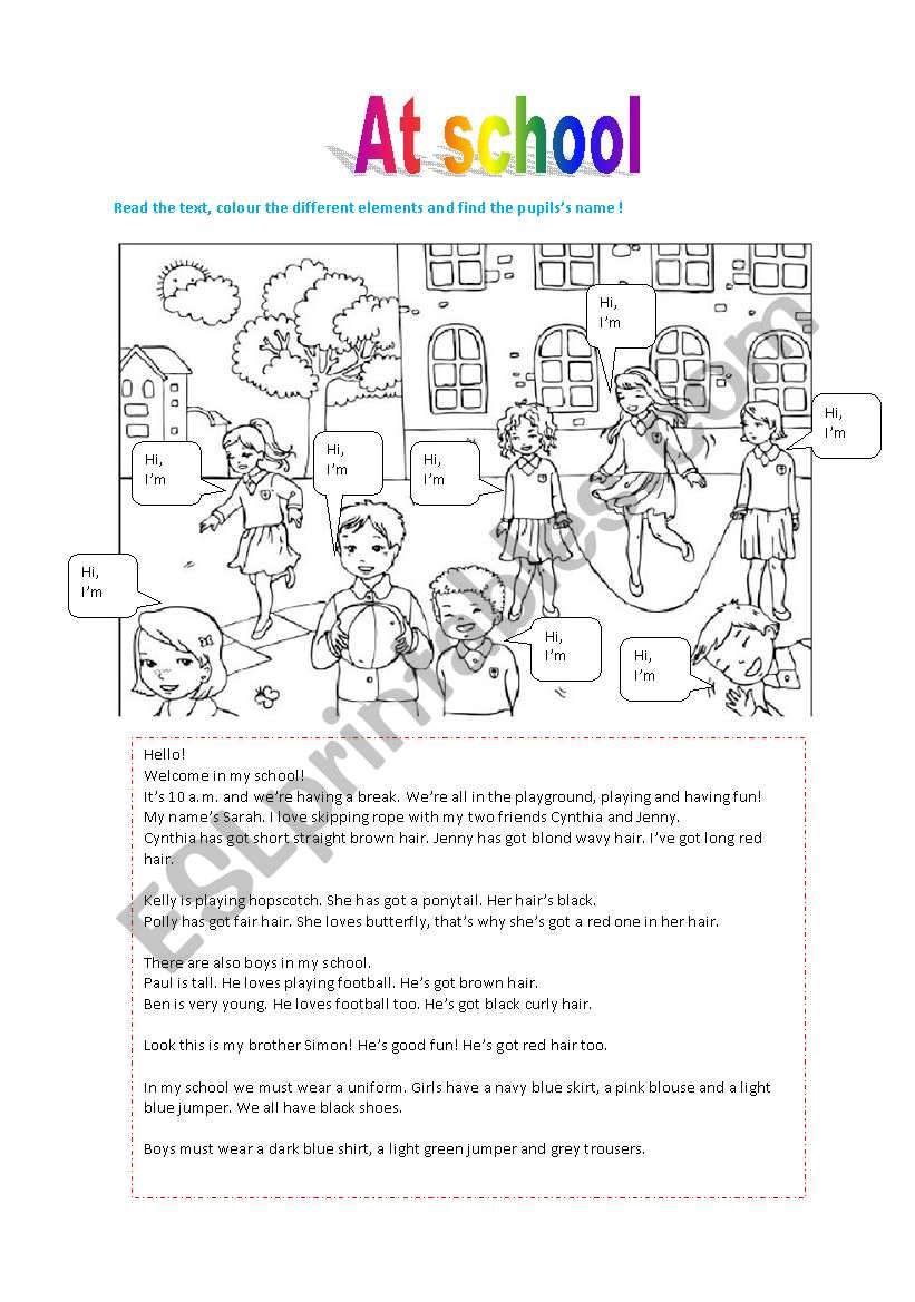 at school reading activity worksheet