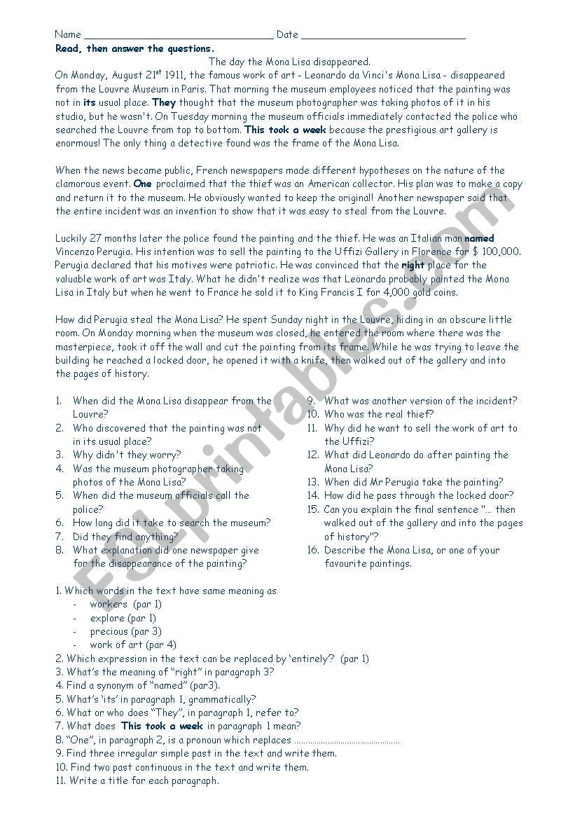 reading - Mona Lisa - ESL worksheet by Enrica57