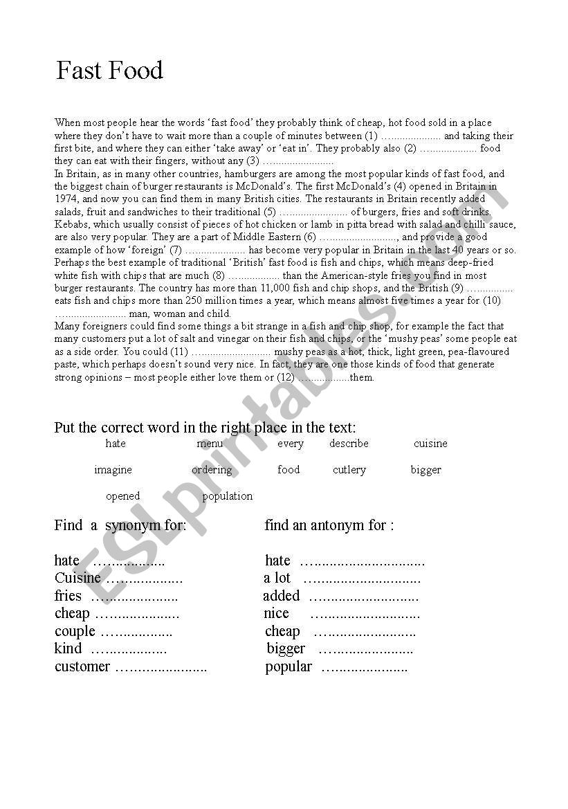 Fast Food worksheet