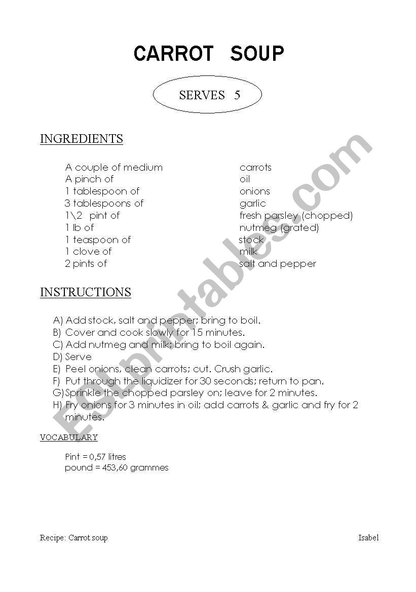 Recipe: Carrot Soup worksheet