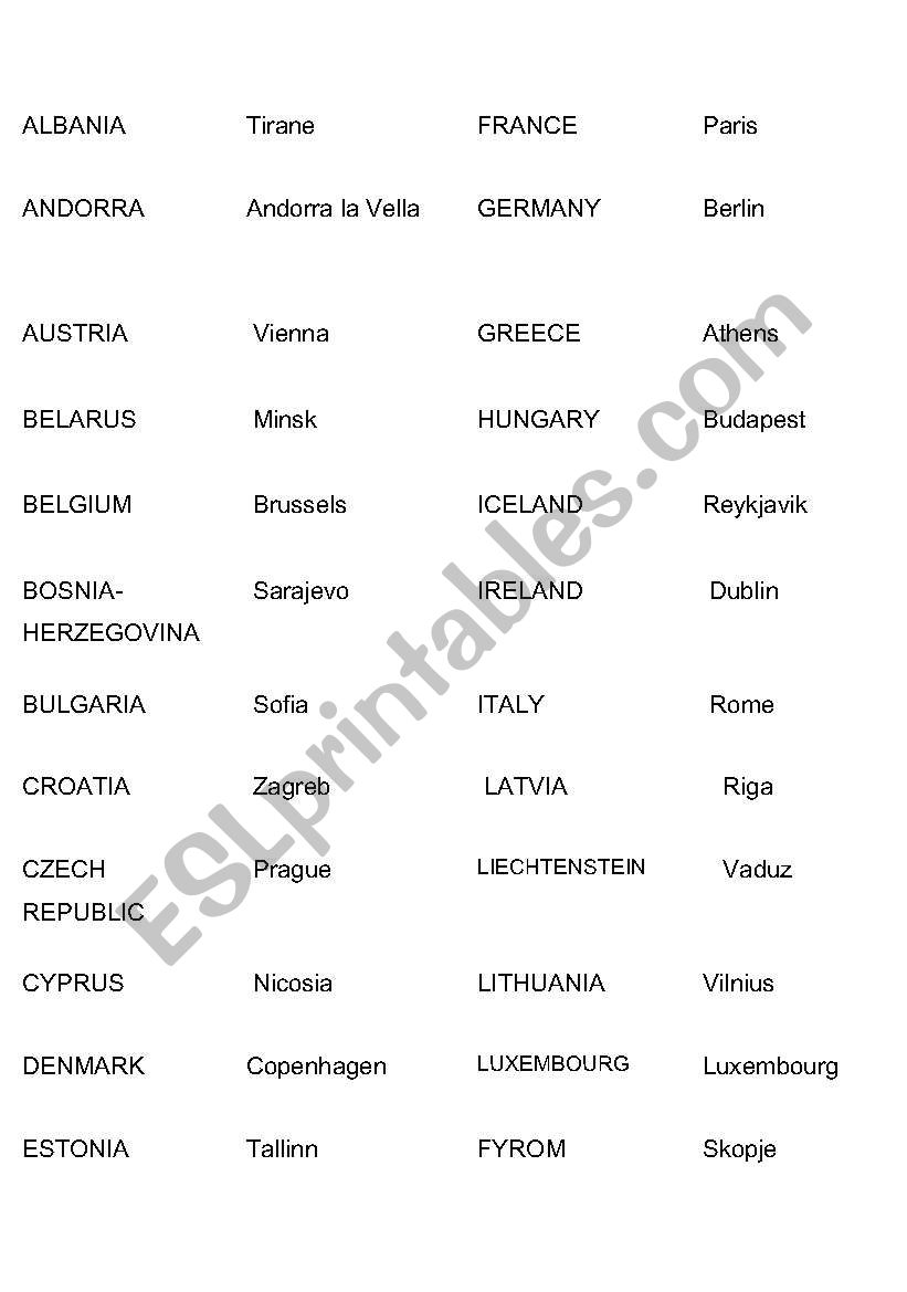 European countries, capitals and wordsearch
