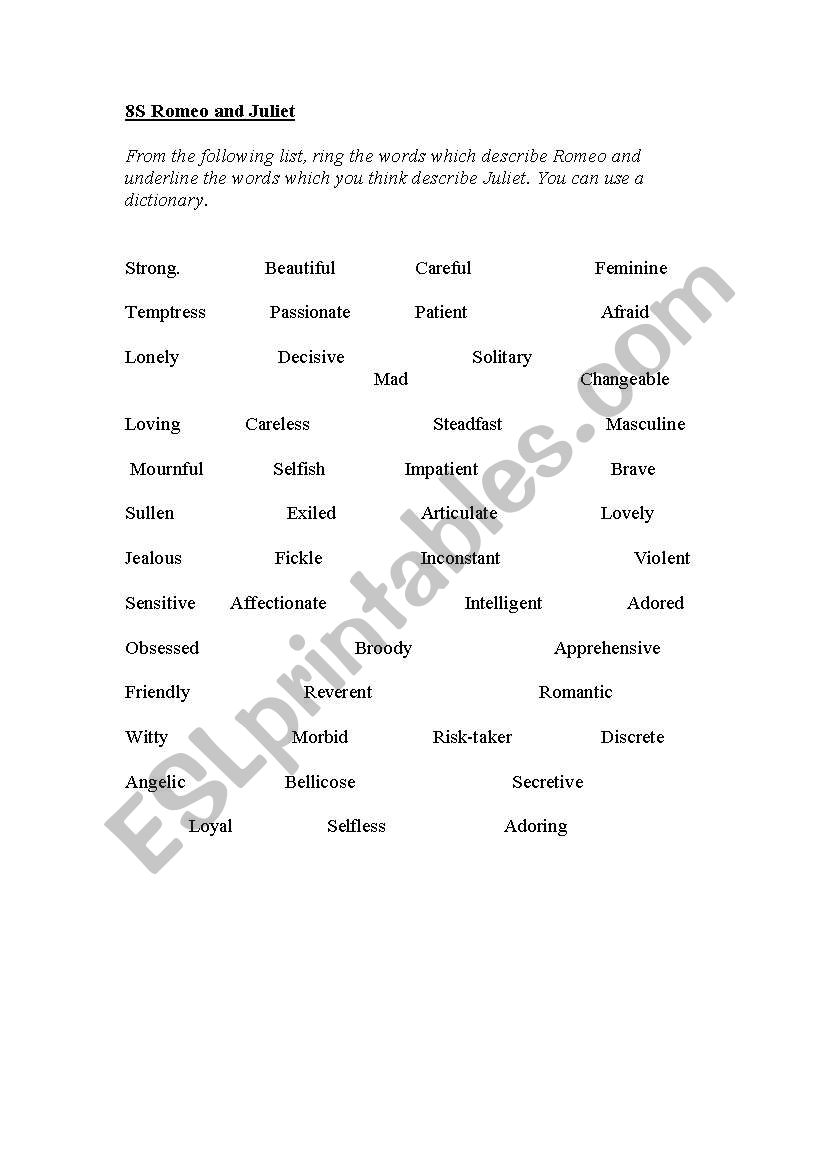 Romeo and Juliet vocabulary worksheet