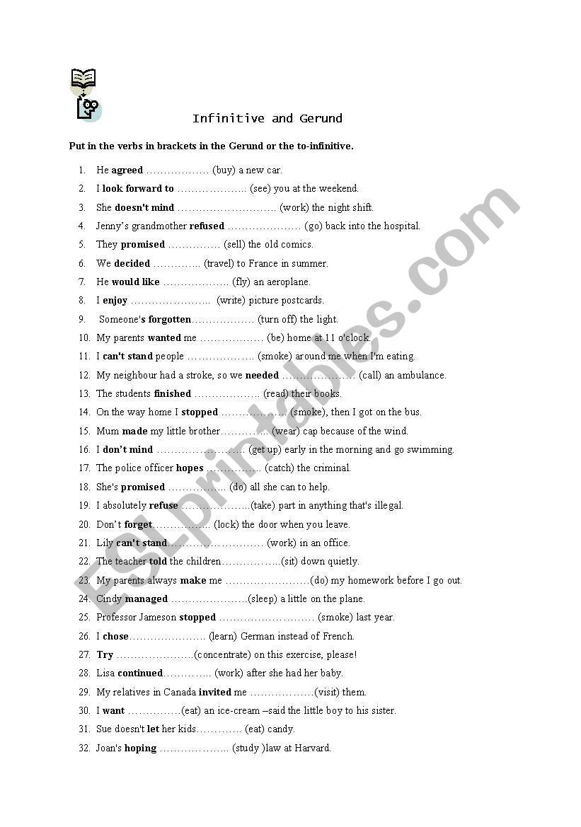 Gerund or To+ Infinitive worksheet