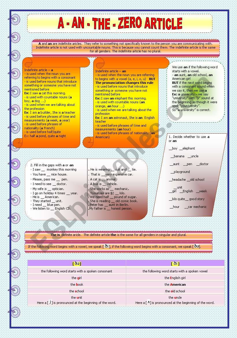 A. AN, THE, ZERO ARTICLE worksheet