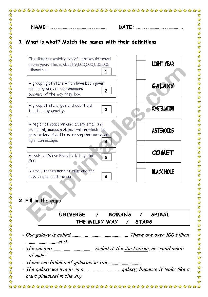 THE UNIVERSE worksheet