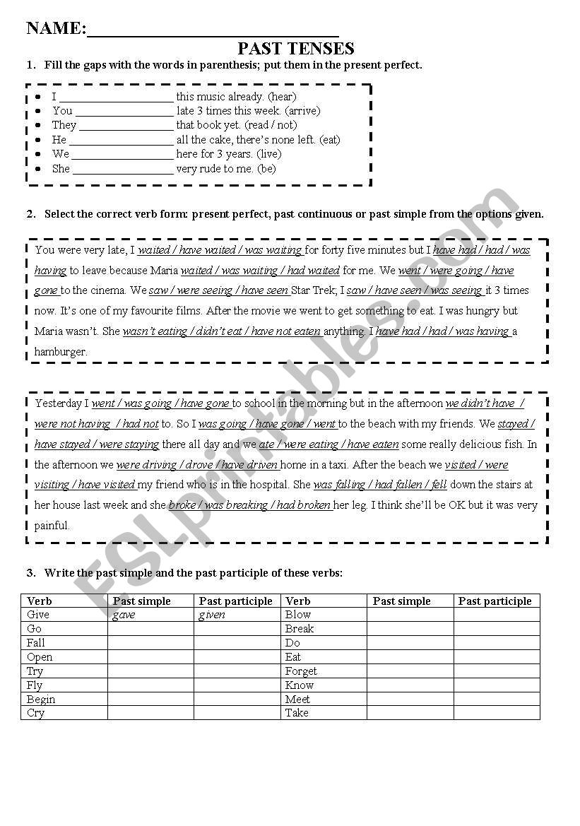 Past Tenses worksheet