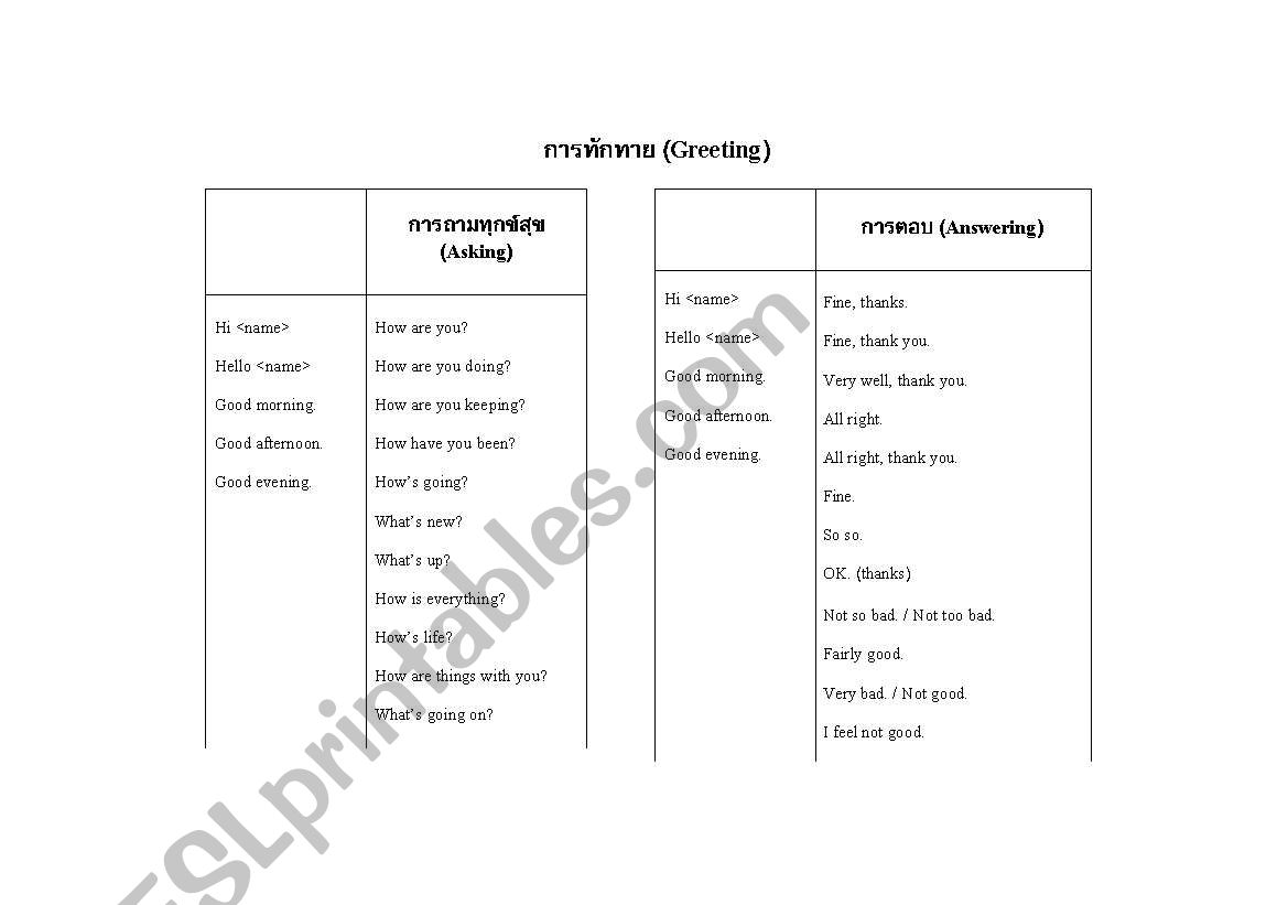 greeting table worksheet