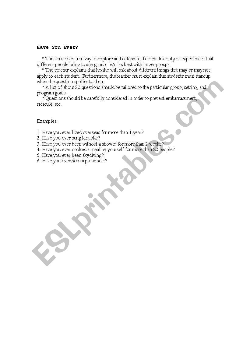 Have You Ever? worksheet