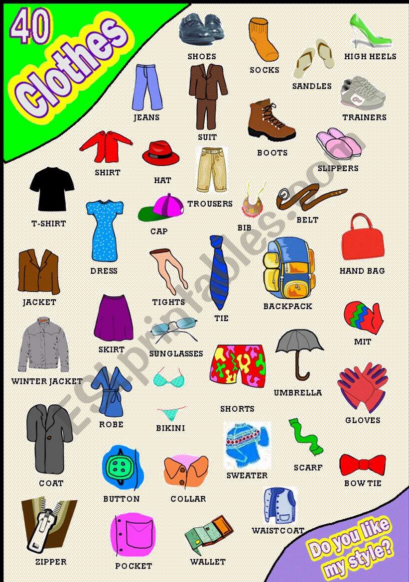 CLOTHES PICTIONARY 40 ITEMS WOW - ESL worksheet by jdrc