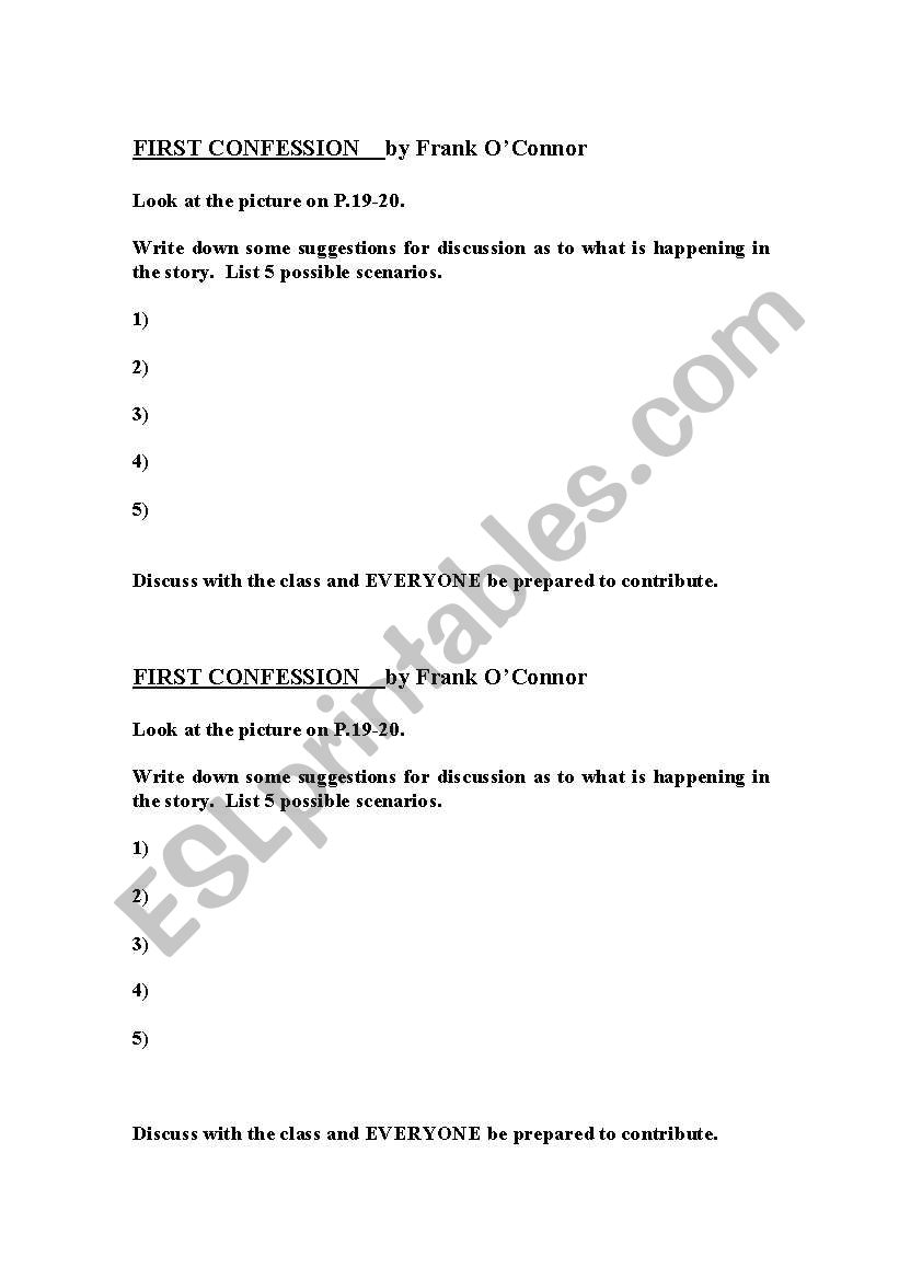 FIRST CONFESSION SHORT STORY OPENING WORKSHEET