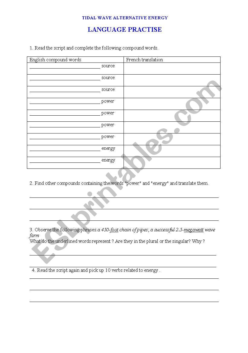LANGUAGE PRACTISE tidal wave alternative energy