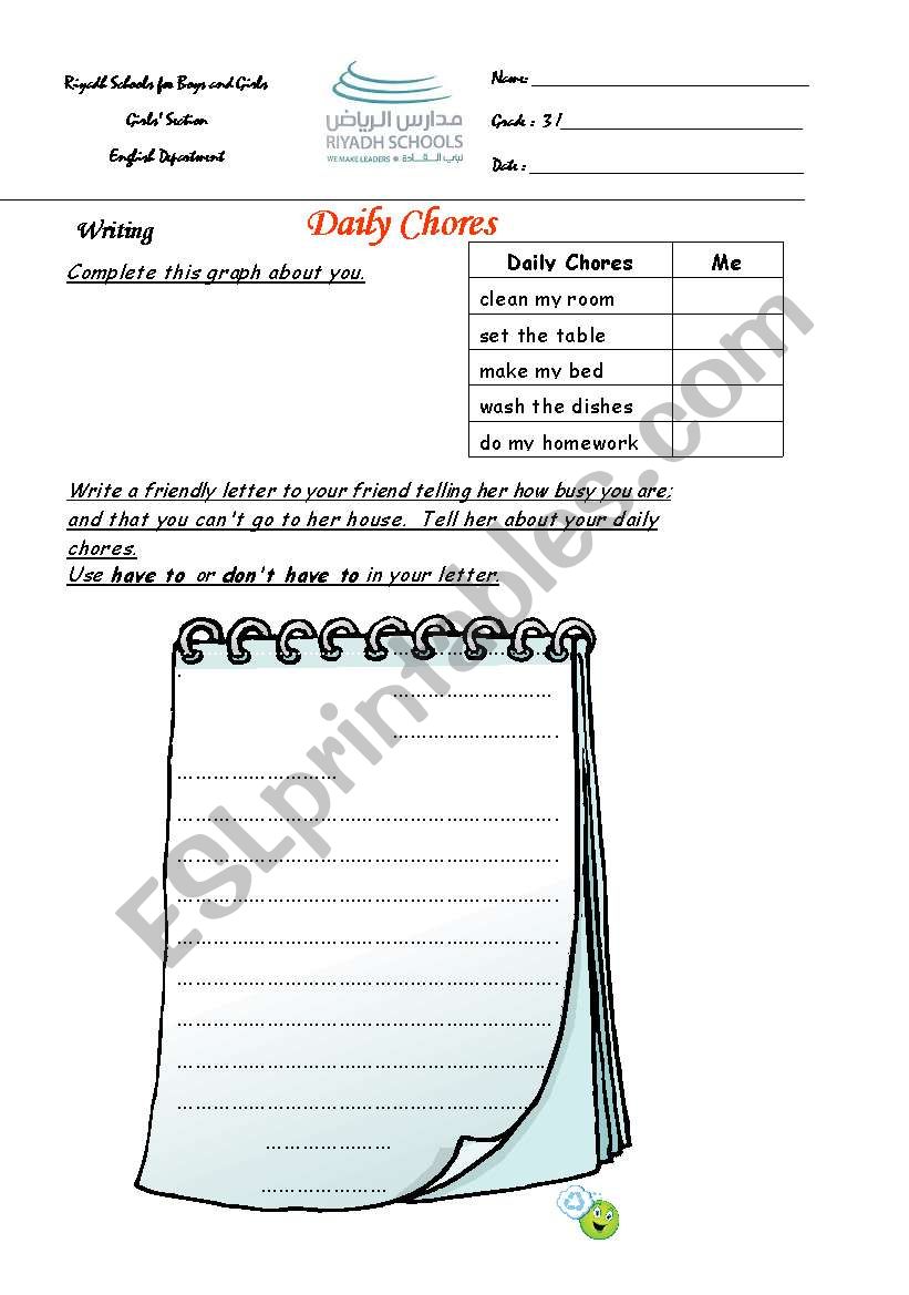 Daily chores worksheet