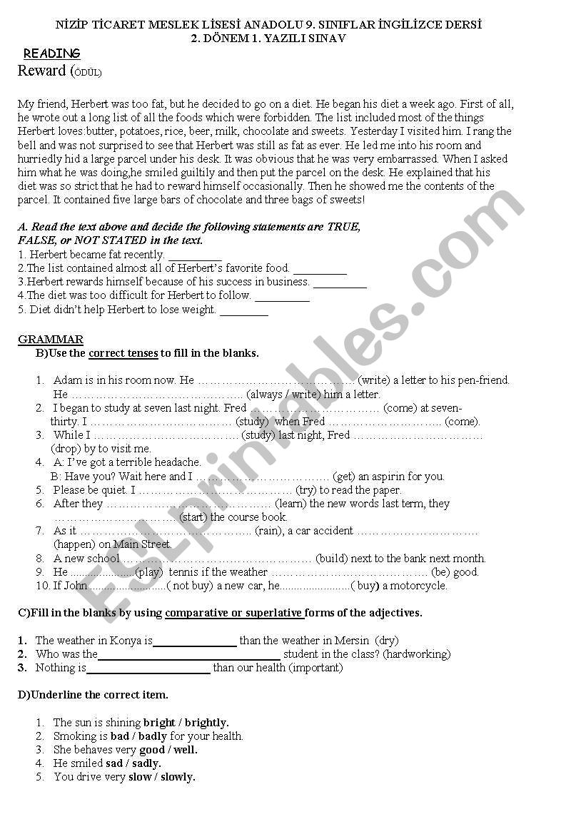 exam worksheet