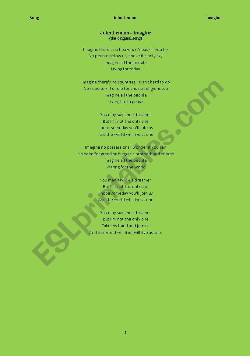 Song: Imagine by John Lennon worksheet