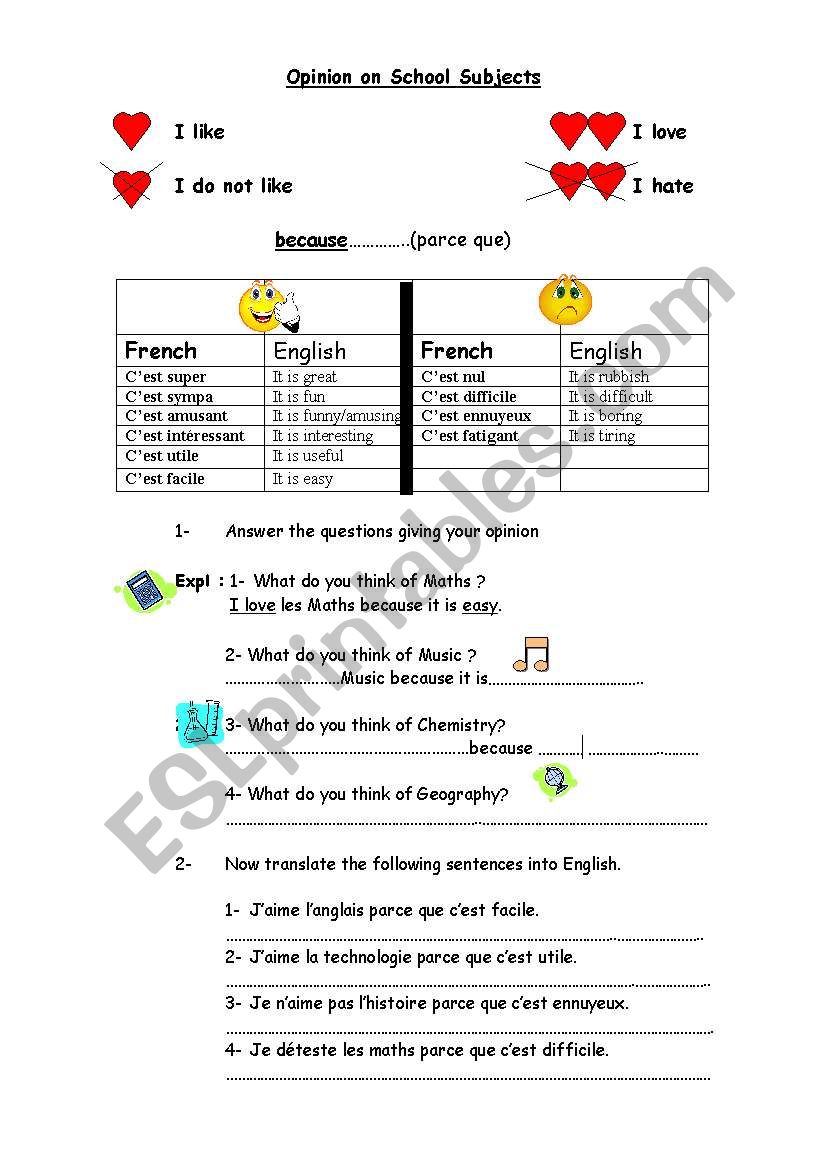 SCHOOL SUBJECTS AND OPINION worksheet