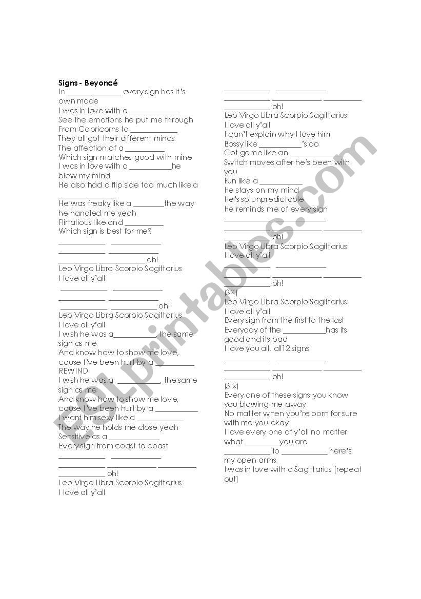 Signs - Beyonc worksheet