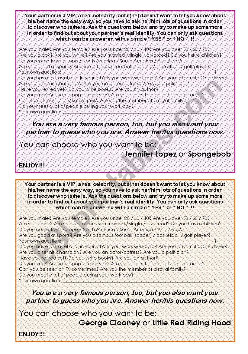 Make your students talk!! Fully Editable Speaking / Conversation Activity on Famous People / VIPs; 12 pages; B&W version included!! Good for adults and business classes too!! Make your students talk!! Fully Editable Speaking / Conversation Activity on Famous People / VIPs; 12 pages; B&W version included!! Good for adults and business classes too!!
