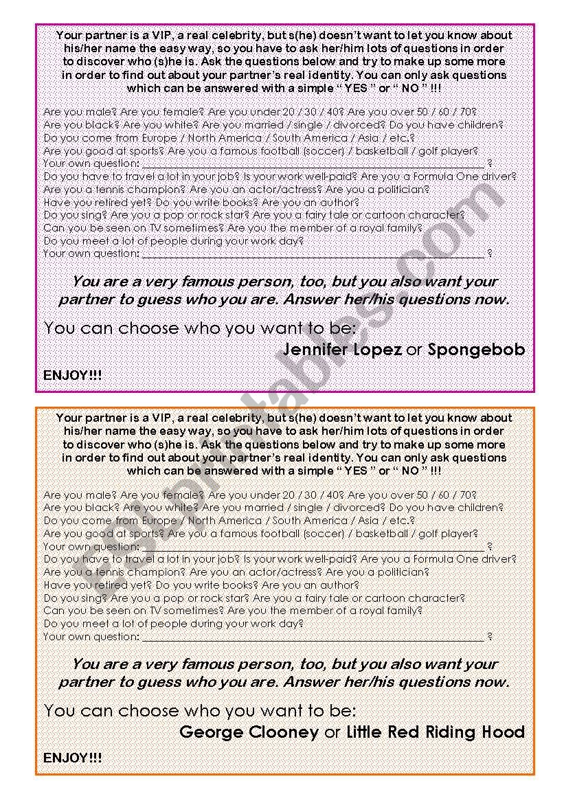 Make your students talk!! Fully Editable Speaking / Conversation Activity on Famous People / VIPs; 12 pages; B&W version included!! Good for adults and business classes too!!