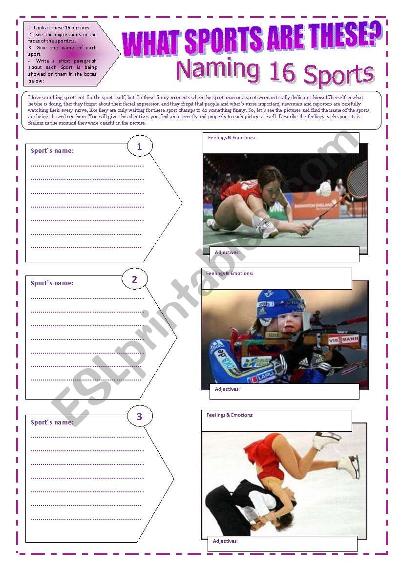 SPORTS - WHAT SPORTS ARE THESE? (6 pages) - NAMING 16 SPORTS + exercises and instructions