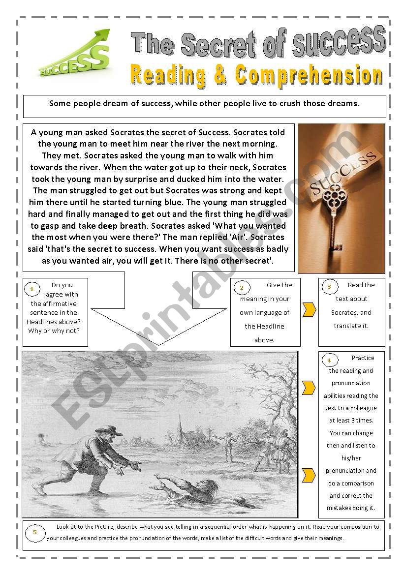 THE SECRET OF SUCCESS -  (4 pages) with 8 READING & COMPREHENSION (WRITING ACTIVITY) and instructions + story