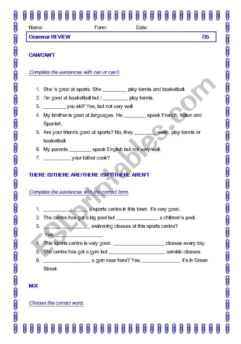 Grammar review worksheet