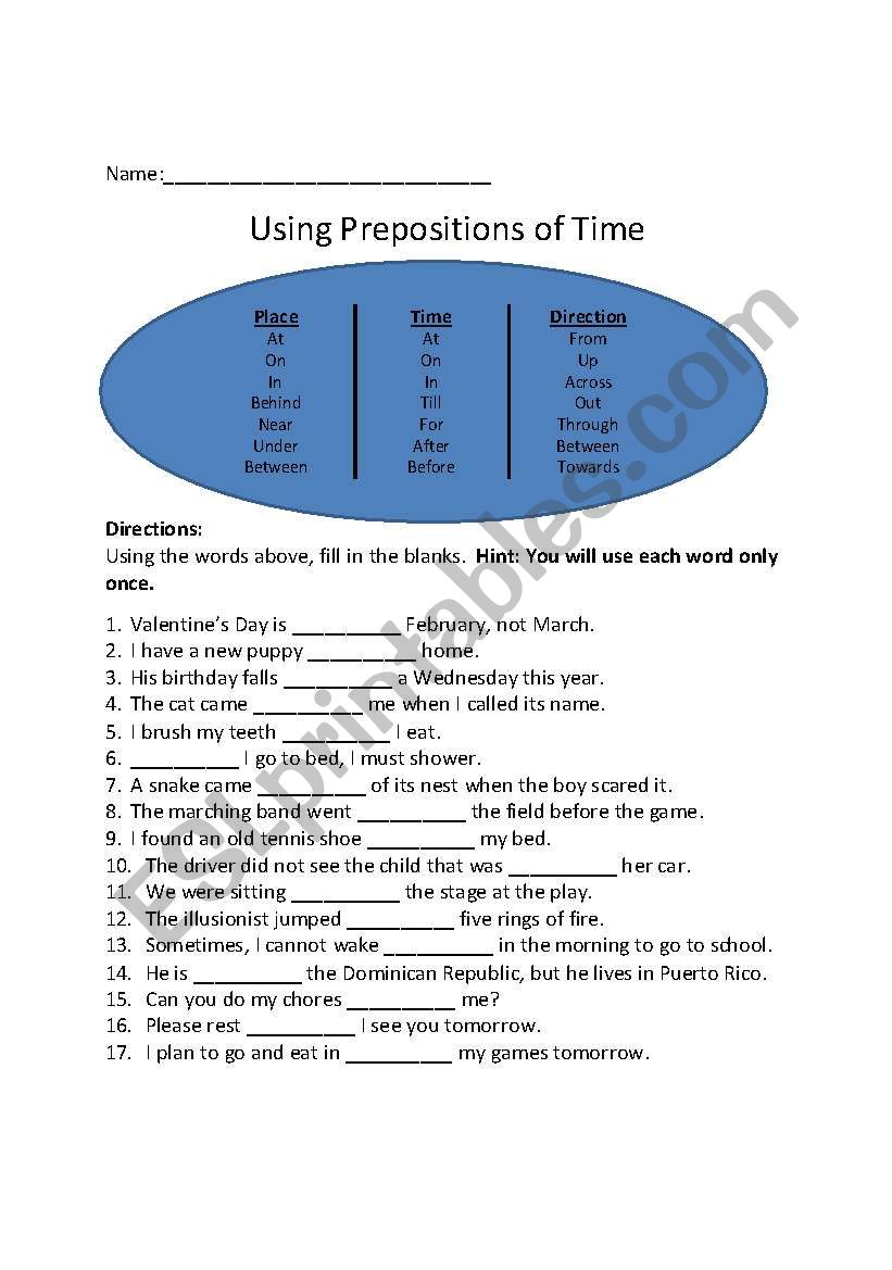 Prepositions of time worksheet