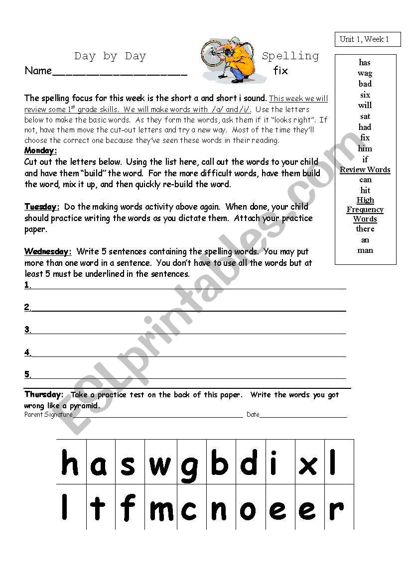 Weekly Spelling Word Lessons worksheet