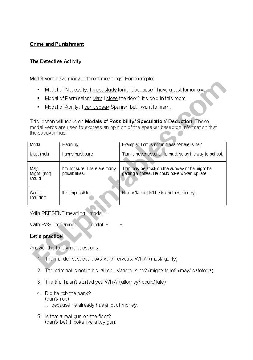 Murder Mystery with Modals of Speculation (Present/ Past)