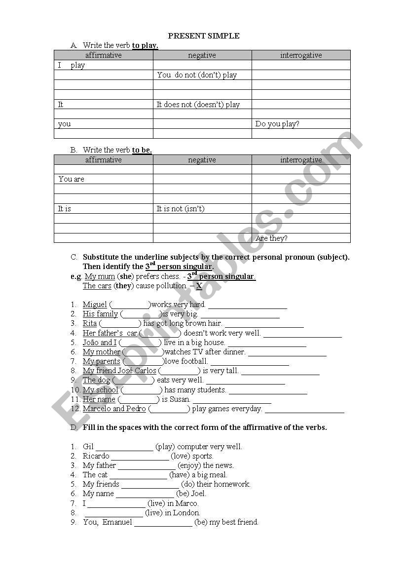 Simple Present and pronouns worksheet