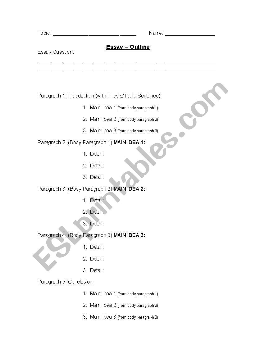 5 Paragraph Essay Outline worksheet