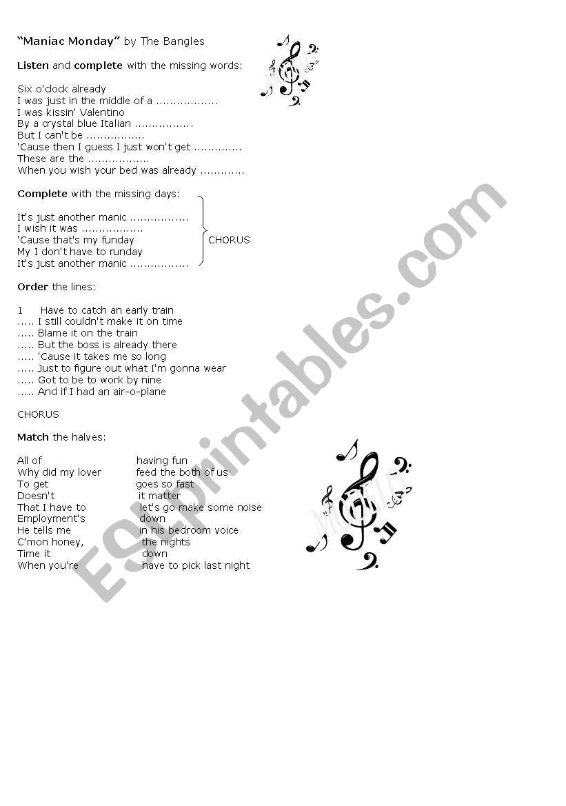 Maniac Monday (song) worksheet