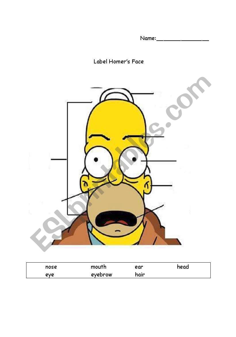 Label Homers Face worksheet