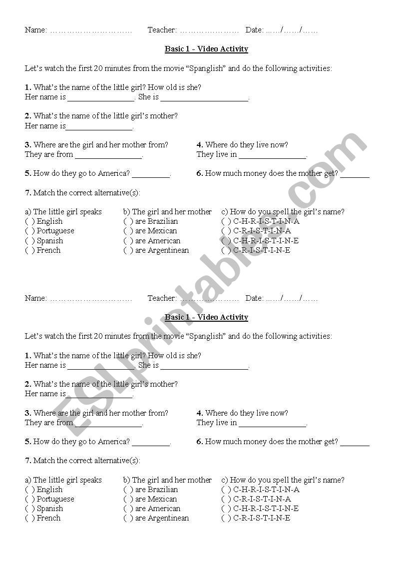 Movie Activity - Spanglish worksheet