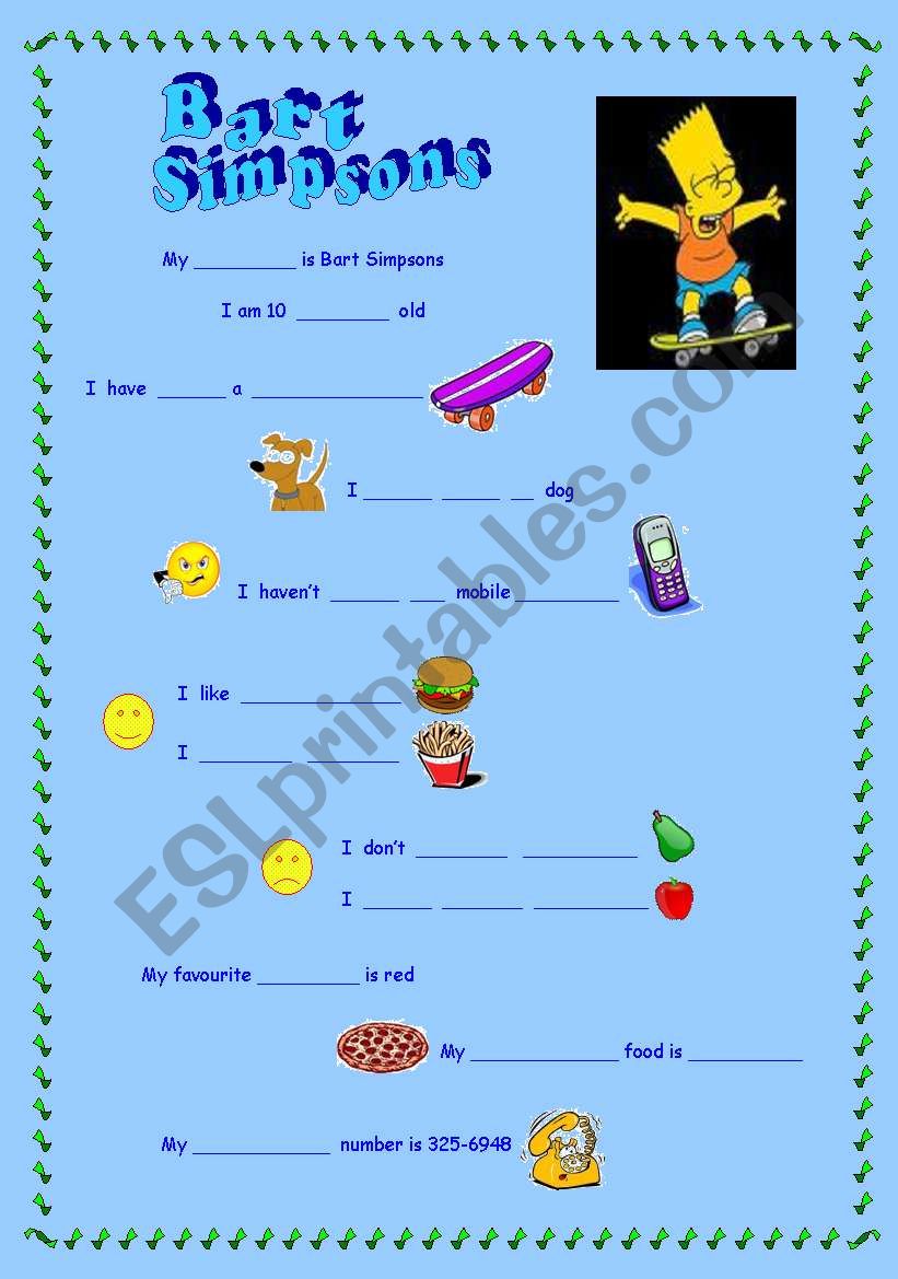 Bart Simpsons gap filling worksheet