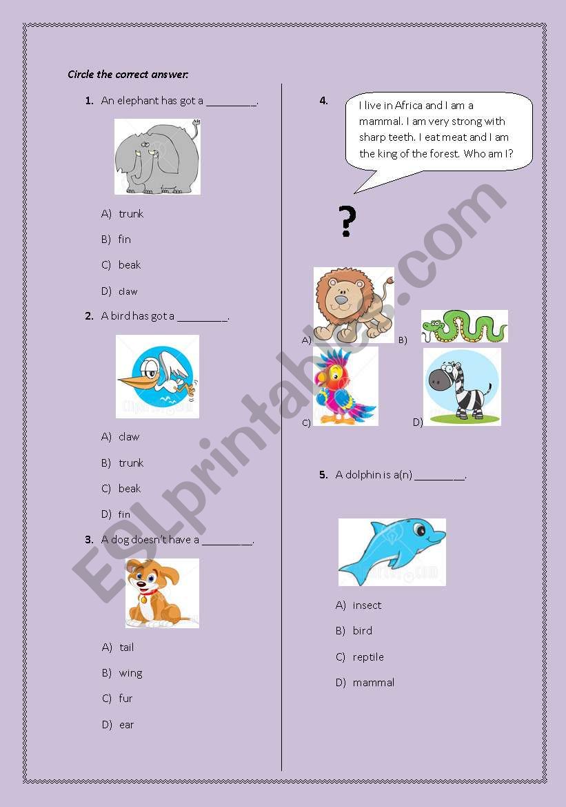 Animals multiple choice worksheet