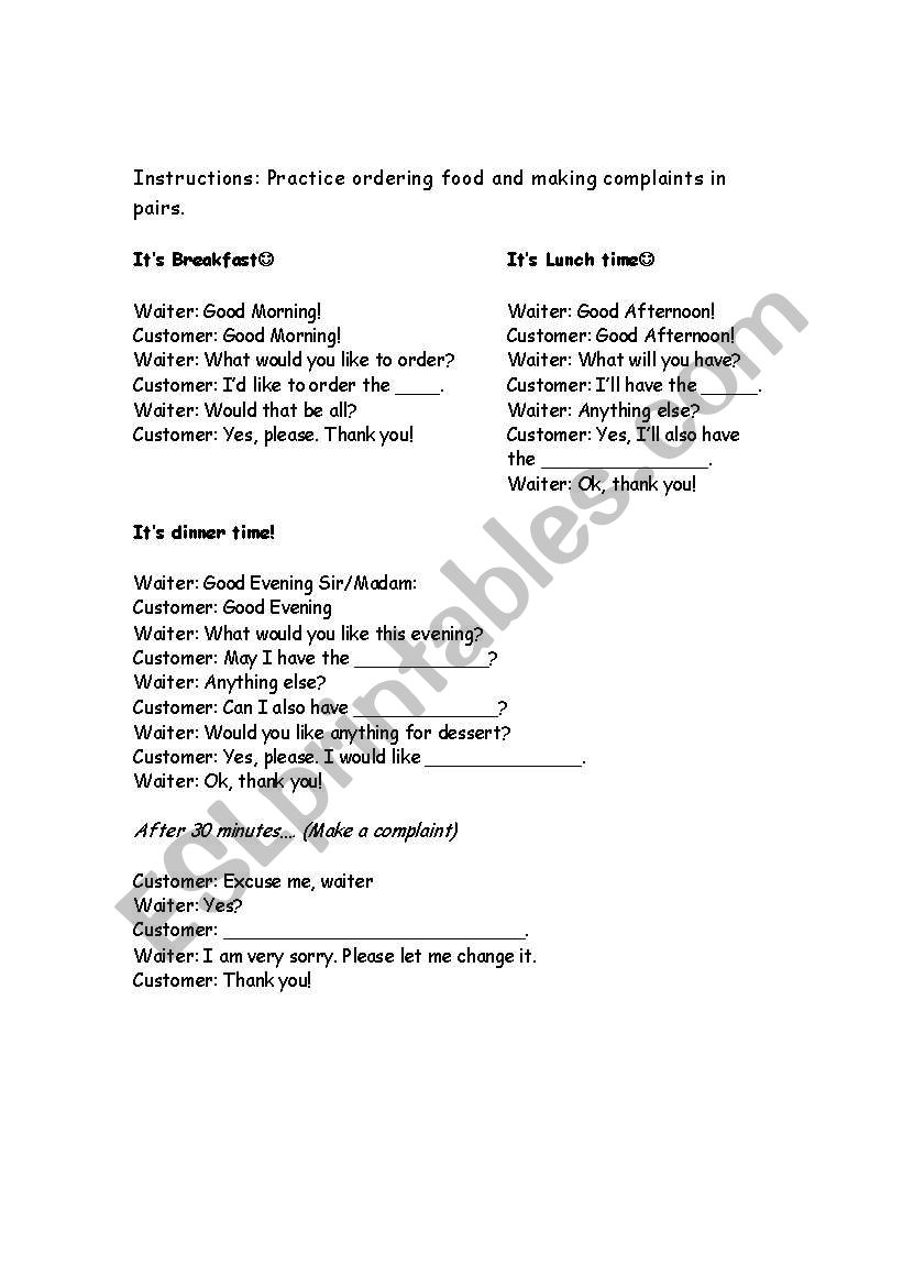 role play restaurant worksheet