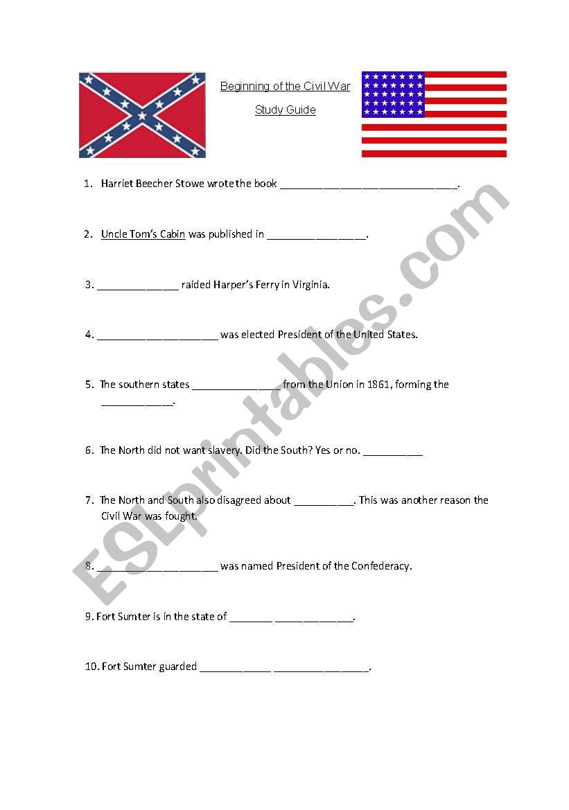 Beginning of Civil War Sheet worksheet