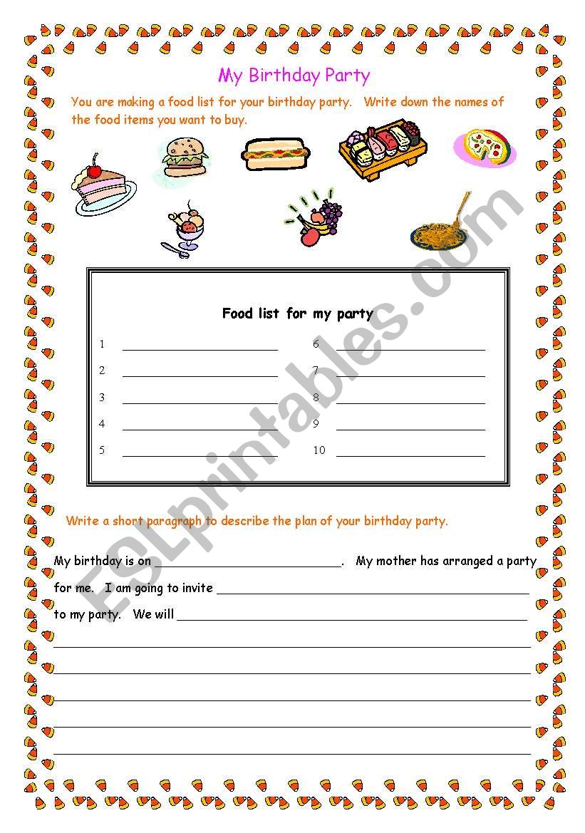 My birthday party worksheet